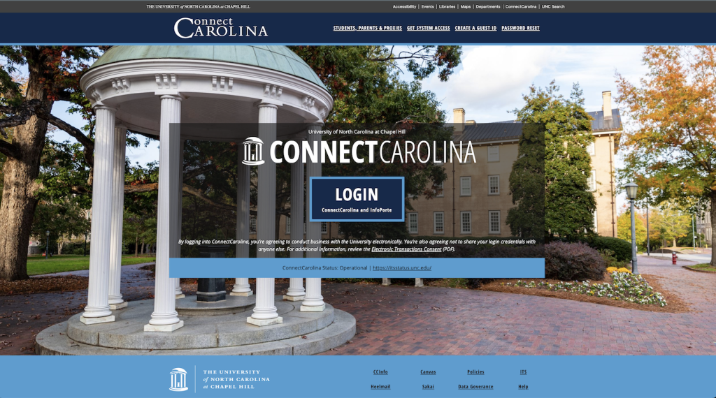 The refreshed Connect Carolina landing page has a photo of the Old Well. In the center of the page is a gray overlay box with the words Connect Connect Carolina and a centered login button. A band of Carolina Blue is under the gray overlay box and at the bottom of the page.